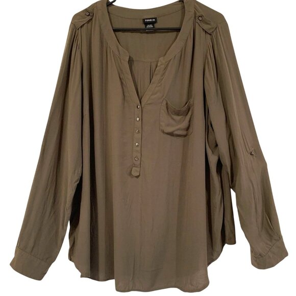 Torrid Blouse Womens 2XL Olive Green Utility Button Long Sleeve Top Flowy Pocket - Picture 1 of 11